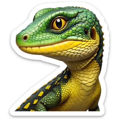 cinematic-realistic-cute-monitor-lizard-portrait-emoji,-head-tilted-playfully-and-inquisitively,-featuring-a-compact,-agile-body-with-finely-detailed,-glossy-scales-in-earthy-black and yellow-hues-and-a-distinct,-alert-face-with-bright,-curious-eyes, black , yellow spotted and green band  scales and a slender neck sticker