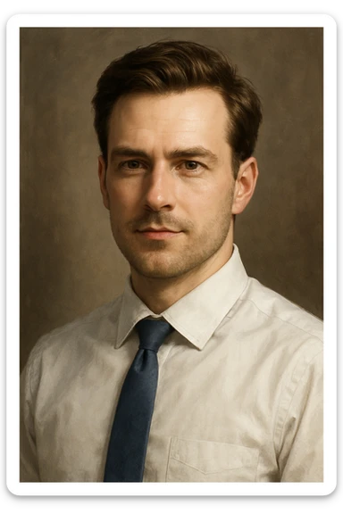 professional looking white pale man with brown hair, formal shirt, confident expression, semi-realistic digital art style sticker