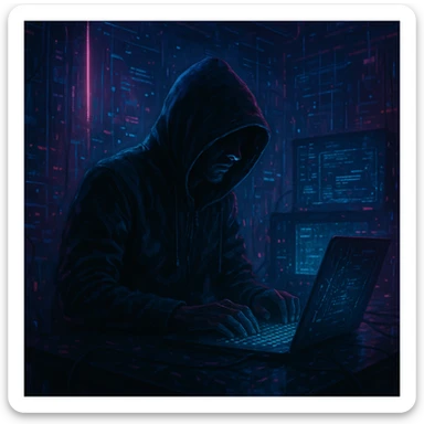 hacker, digital, mysterious, with a hoodie, glowing computer screen, cyberpunk atmosphere sticker