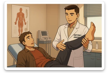 fai un webtoon manga a colori con questo stile, in cui un uomo è steso sul lettino medico e il kinesiologo con il camice bianco (fagli anche la scritta "ANTONIO ANANIA" SUL CAMICE, gli solleva una gamba per fargli il test neuromuscolare, IL KINESIOLOGO SPIEGA ALL'UOMO UNA cosa mentre gli alza la gamba. non fare i fumetti però, fai solo in modo che sembri stiano parlando sticker