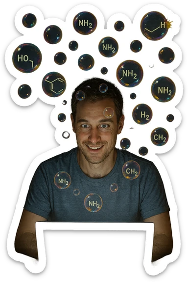 a man sits in front of a glowing screen, with colorful, artificial-looking dopamine molecules floating around his head like soap bubbles. Some bubbles pop and disappear quickly, symbolizing fleeting pleasure. In the background, a shadowy version of the man looks unsatisfied or empty, highlighting the temporary nature of the gratification. realistica con persone vere sticker