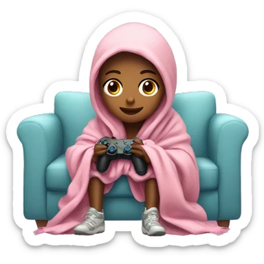 Girl wrapped up in a blanket sitting on a couch with a pink gaming controller in her hands sticker