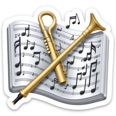 Create an artistic emoji that represents music arrangement and orchestration. The design should feature various orchestral instruments (drums, violin, electric guitar, synthesizer) and conductor's baton, musical scores. Incorporate flowing lines to represent harmony and orchestral balance, along with a subtle representation of sheet music. Use rich, classical colors like gold, silver, or deep blue, and create an atmosphere of sophistication and precision. The background should be transparent. sticker