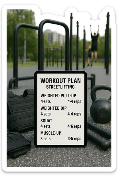 a detailed workout plan for streetlifting displayed on a clipboard or digital tablet, surrounded by gym equipment like weighted vests, dip bars, pull-up bars, and kettlebells. The plan includes exercises such as weighted pull-ups, weighted dips, squats, and muscle-ups, with sets and reps clearly visible. The background is a modern outdoor calisthenics park, with athletes training in the distance. sticker