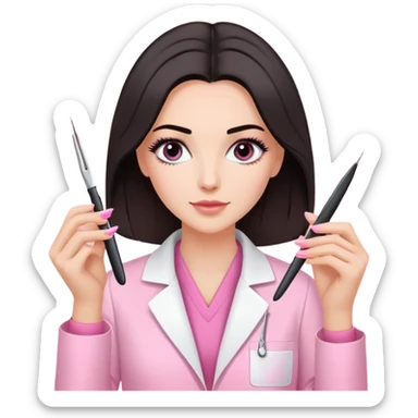 Mulher branca de cabelos pretos na altura dos ombros, vestindo jaleco rosa e segurando uma pinça de extensão de cílios sticker