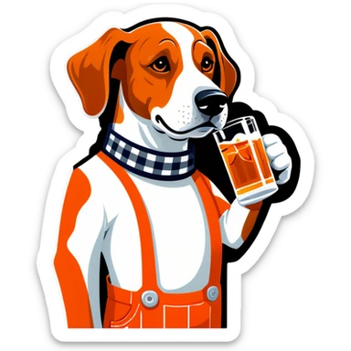 Hound dog in tangerine and white checkered overalls drinking whiskey sticker