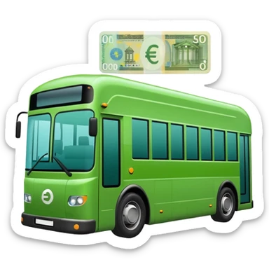 green electric bus with a big green euro bill showing a '0' sticker