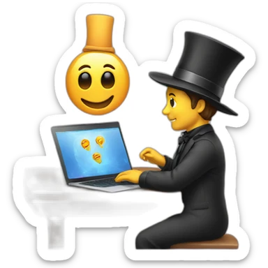 magician programming a laptop with an emoji of a truck on the laptop screen sticker