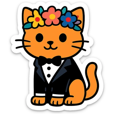 A kitten in a tuxedo with a flower crown sticker