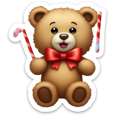 Fluffy Teddy bear with a red bow around neck and long peppermint stick candy in hand  sticker