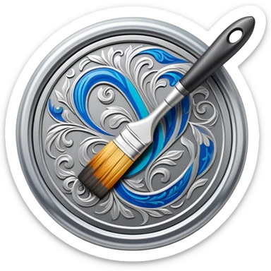 Metal painting icon, intricate hand-painted metal surface with detailed patterns, visible paintbrush, metal tools, and vibrant enamel or acrylic paints, no finished artwork, just the painting process, minimalistic style, clean lines, transparent background. sticker