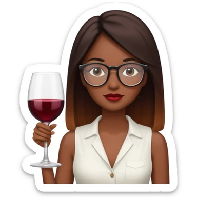 a woman with dark skin.
She has long, straight brown hair. with wine ombré hair 
He wears black-framed glasses. vintage oval.
She wears a white sleeveless blouse. sticker