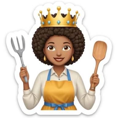 Mujer curvy afro, con vestimenta cómoda y delantal,con una corona sobre su cabeza y sonrisa contagiosa y herramientas  sticker