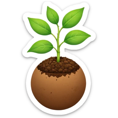 A sprout emoji in the style of Apple emojis, with two small green leaves and a thin stem growing from the top of a round brown ball representing soil. sticker