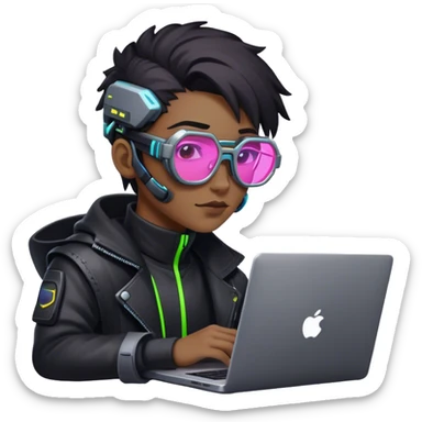 An emoji of a person with a laptop, but wearing cyberpunk glasses and with a slight neon glow sticker