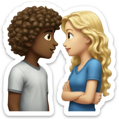 a boy with brown curly thick hair kissing a blond haired girl sticker