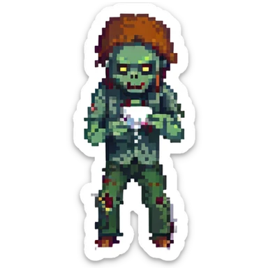 A zombie Leo  sniffing white powder with a background lab in the style of a pixel art sticker