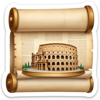 An icon featuring an ancient scroll, surrounded by famous historical landmarks and statues of notable figures, like the Colosseum or Napoleon. The design symbolizes the exploration of history through monuments and people. Transparent background highlights the pas sticker