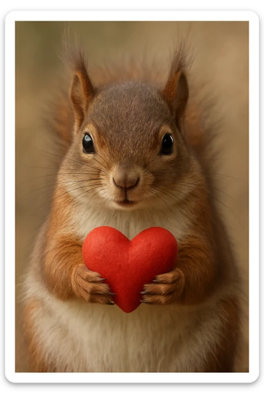 a realistic squirrel holding a heart, detailed fur texture sticker