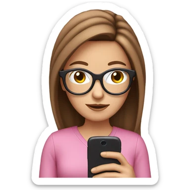 White girl with glasses and brown hair reading on a pink smart phone sticker