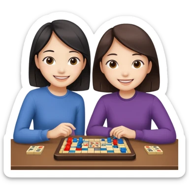 smiling asian girl and friend at a table with a boardgame sticker