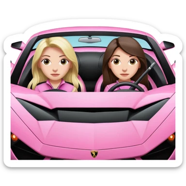 Make car far away so I can see full car Car facing forward in sports car. Make hair long  two girls in car far away Front of car sitting in the seats. Make it a pink sports car. They are two baddies make it a Lamborghini pink car  sticker