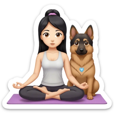 Asian, black hair and eyes, long straight hair, doing yoga, big eyes and nose, pretty, with a fat german shepherd sticker