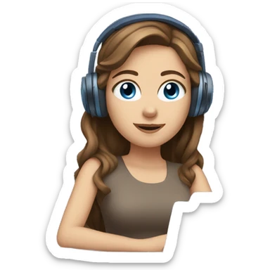 white girl at desk, brown hair, blue eyes, computer, headphones sticker