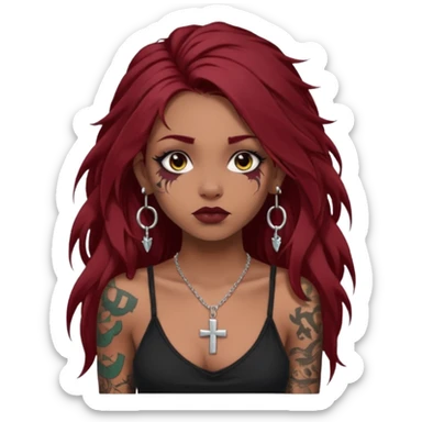 generate an ios genmoji of a dusky girl with long dark red messy hair with eyeliner on her eyes.  septum piercing, wearing a cami black top, has tattoos, on shoulders. ear piercings. wearing a cross silver necklace. carrying a big roll of fabric  sticker