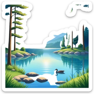 Cinematic Realistic Lake Emoji, Calm and reflective, with clear blue waters mirroring the surrounding landscape, framed by tall trees and grassy shores. The sunlight sparkles on the water’s surface while birds and animals play at the edge. Soft glowing outline, capturing the essence of peaceful serenity in a tranquil lake. sticker