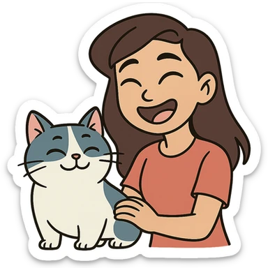 flat toon style of a brown-haired Asian girl and her blue and white Manchikon cat, both happy sticker