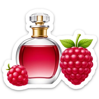 AVON women's perfume bottle next to a raspberry-shaped bottle sticker