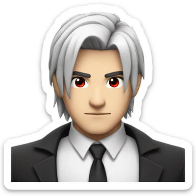 Anime hero emoji with black and white hair, red eyes, and a serious, determined expression in a black hero suit sticker