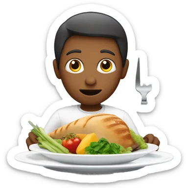 person eager to eat holding knife and fork with a plate with food in front sticker