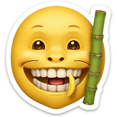 yellow emoji face biting on bamboo muzzle with teeth visible sticker