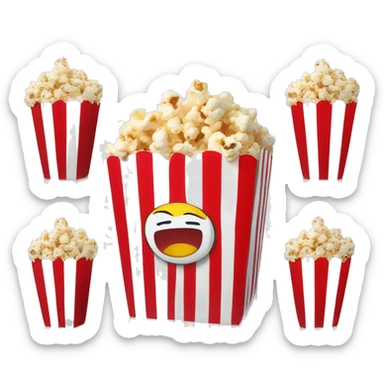 A WHITE AND RED STRIPES ANIMATED POPCORN BOX WITH POPCORNS IN IT READING A BOOK sticker