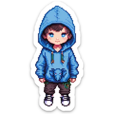 pixel art kid wearing a hoodie with an elephant inside the hoodie, black shoes, top hat, blue eyes sticker