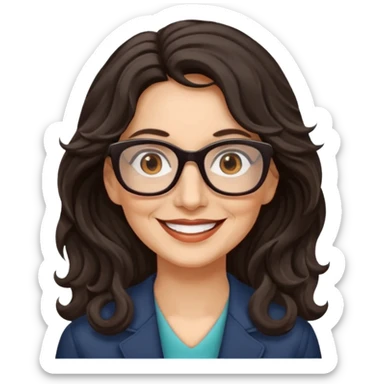 woman 60 long dark weavy hair, brown eyes rectangle dark glasses sticker