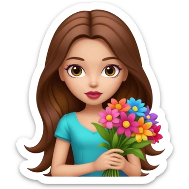 stylish pretty bratz baddie, long brown hair holding big bouet of flowers  sticker