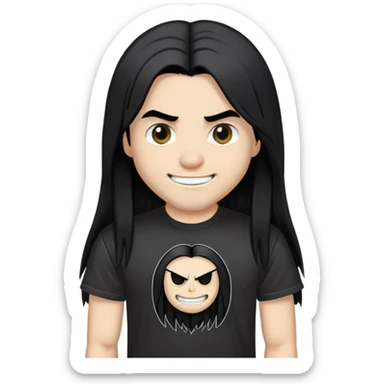 A heavy metal fan with long straight black hair, wearing a black heavy metal band t-shirt, with a smirky smile on face sticker