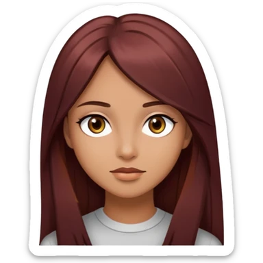 long dark reddish hair, straight hair, olive skin tone, dark brown eyes, Y2K sticker