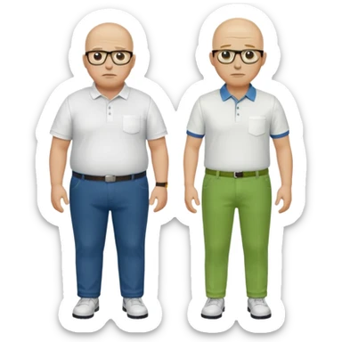 two guys, the first guy is white and have hair but only around his head and not on top, have glases a white dressshirt with rolled up sleeves and green pantsThe second guy has a yellow skin white golf shirt blue jeans and bald they should stand next to eachother they are both really fat  sticker