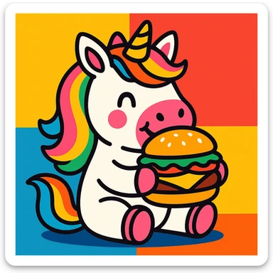 unicorn eating a hamburger, colorful, cheerful sticker