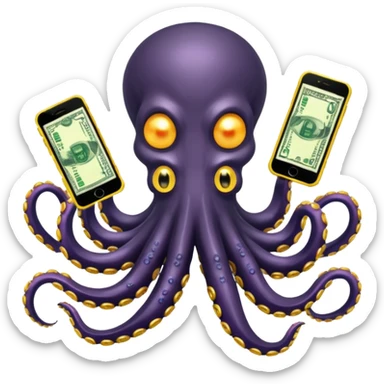 Intimidating octopus with pearl black skin, neon suction cups. Evil glaring eyes. Wearing a thick gold chain. 2 tentacles are holding their own cellphone, 2 more tentacles are holding stacks of money. sticker