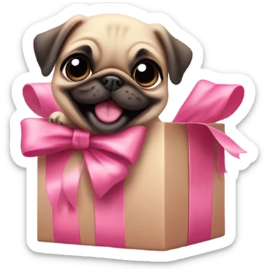 Baby pug with big pink
eyes wearing a pink bow above 1 ear sitting in a gift box  laughing  sticker