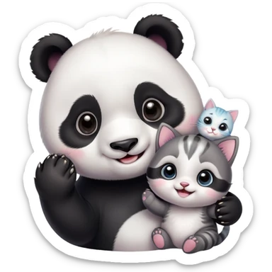 A cute baby panda taking a selfie with a small kitten, both smiling and looking at the camera, cartoon style, pastel colors, soft background, ultra cute, kawaii style, detailed, high resolution
 sticker