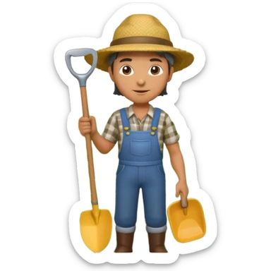 A 3D cartoon farmer standing in a green field with crops, wearing a hat and holding a shovel, bright sunlight, soft shadows, realistic Memoji-style rendering. sticker