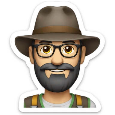happy smile gardener face long dark beard and bald dark hair round glasses brown eyes and a hat sticker