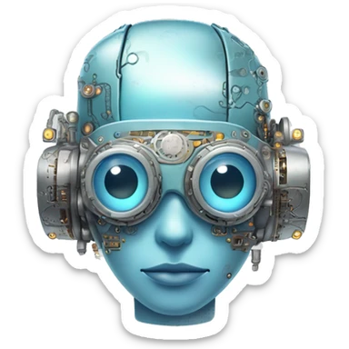 Pastel blue haired cyborg head with silver steampunk goggles and circuits sticker