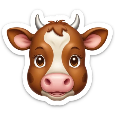 Cinematic Cute Brown Cow Portrait Emoji, Head tilted playfully and inquisitively, featuring a glossy, rich brown hide with a natural sheen, round, sparkling brown eyes filled with gentle curiosity, Simplified yet irresistibly adorable features, highly detailed, glowing with a warm, friendly glow, high shine, affectionate and serene, stylized with a touch of country charm, bright and endearing, soft glowing outline, capturing the essence of a mischievous yet loving cow, so playful it feels like it could moo out of the screen and into your arms! sticker